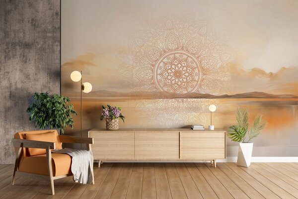 Tapet Design mandala simetric texturat care acoperă un peisaj cu mare, dealuri și cer, culori pastelate delicate, Fototapet Boho, w09491 : Uwalls.ro