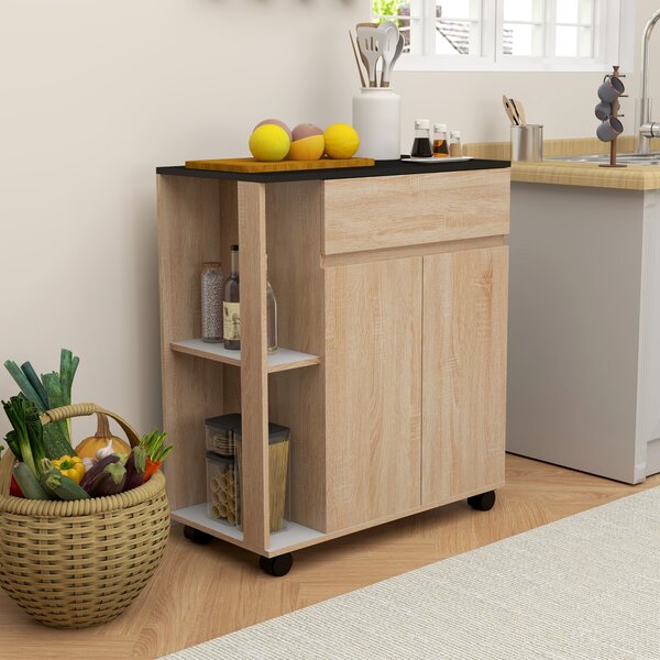 HOMCOM Dulapior de Bucătărie cu Sertare și Roți, Mobilier din Lemn, 78x39.5x88.5 cm, Stejar & Negru | Aosom Romania