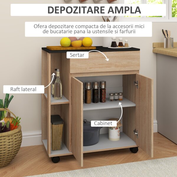 HOMCOM Dulapior de Bucătărie cu Sertare și Roți, Mobilier din Lemn, 78x39.5x88.5 cm, Stejar & Negru | Aosom Romania