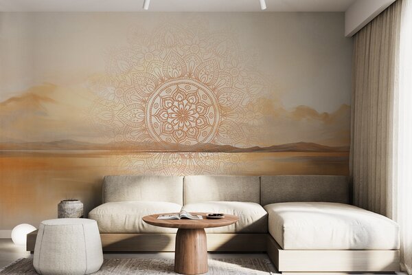 Tapet Design mandala simetric texturat care acoperă un peisaj cu mare, dealuri și cer, culori pastelate delicate, Fototapet Boho, w09491 : Uwalls.ro
