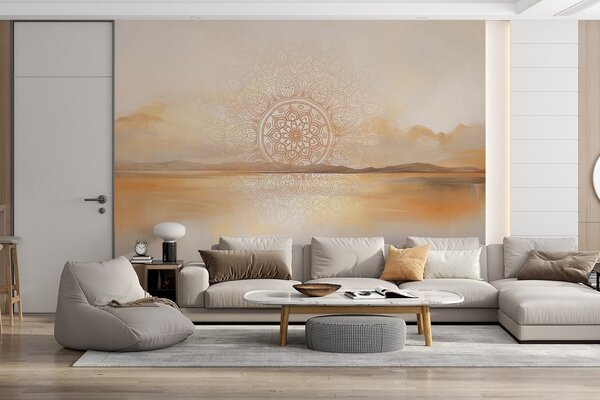 Tapet Design mandala simetric texturat care acoperă un peisaj cu mare, dealuri și cer, culori pastelate delicate, Fototapet Boho, w09491 : Uwalls.ro