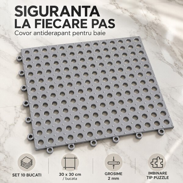 10 bucati Covor antiderapant baie cu drenaj, tip puzzle, 30x30 cm