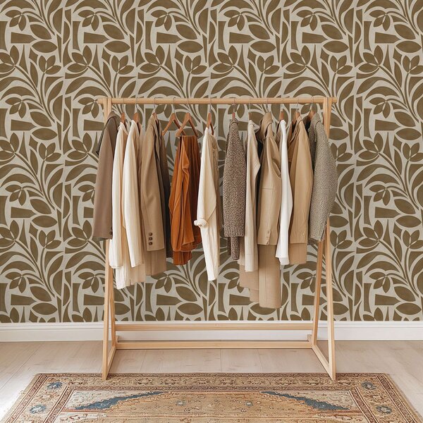 Tapet Siluete geometrice de frunze, maro caramel pe bej, Tapet flori, a00679 : Uwalls.ro