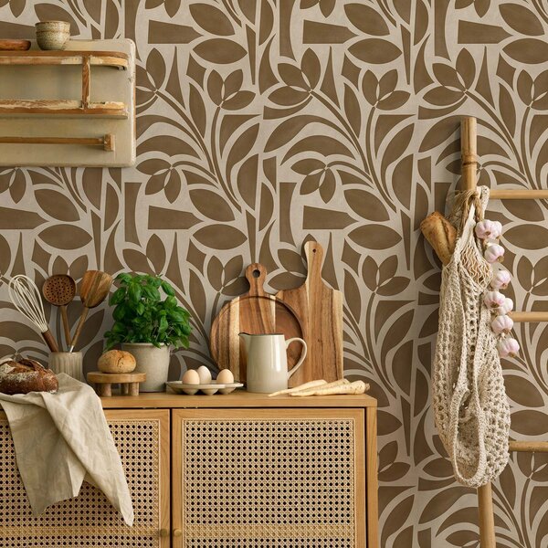 Tapet Siluete geometrice de frunze, maro caramel pe bej, Tapet flori, a00679 : Uwalls.ro