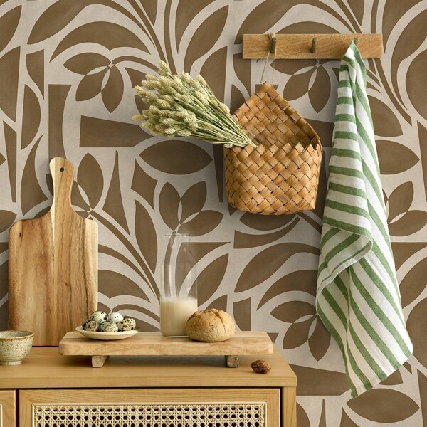 Tapet Siluete geometrice de frunze, maro caramel pe bej, Tapet flori, a00679 : Uwalls.ro