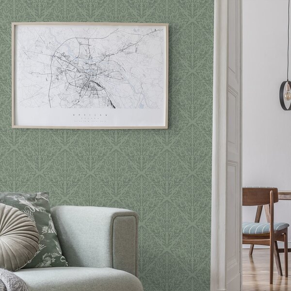 Tapet Damasc botanic fin în verde discret, Tapet flori, a00815v1 : Uwalls.ro