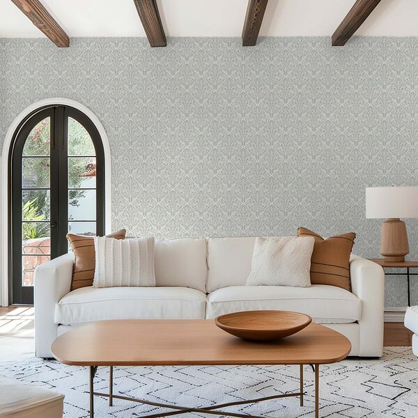 Tapet Lacy trage pe fond alb-crem cu contur turcoaz, Tapet flori, a00815v4 : Uwalls.ro