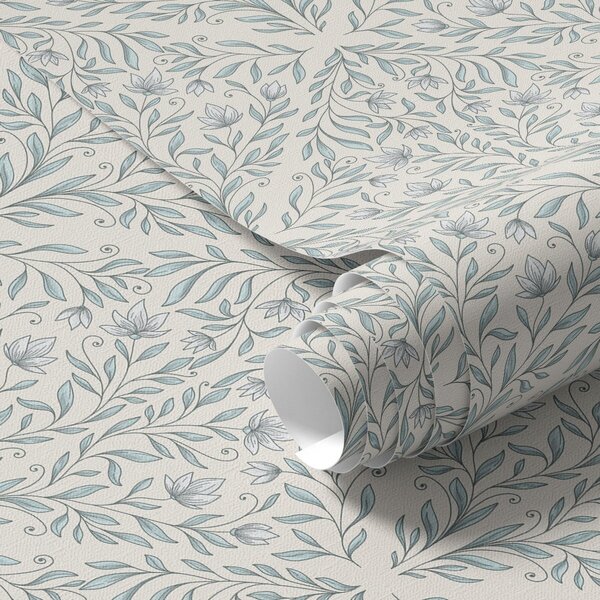 Tapet Lacy trage pe fond alb-crem cu contur turcoaz, Tapet flori, a00815v4 : Uwalls.ro