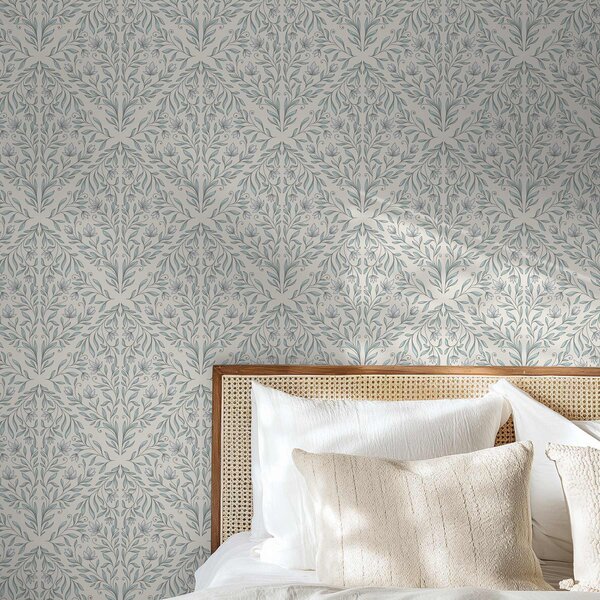 Tapet Lacy trage pe fond alb-crem cu contur turcoaz, Tapet flori, a00815v4 : Uwalls.ro