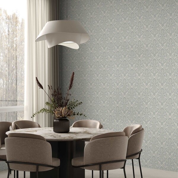 Tapet Lacy trage pe fond alb-crem cu contur turcoaz, Tapet flori, a00815v4 : Uwalls.ro