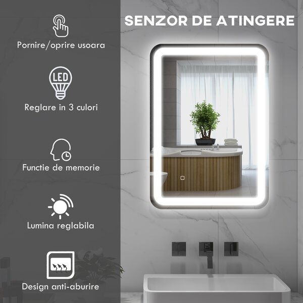 Kleankin Oglindă LED pentru Baie și Machiaj, Reglabilă cu 3 Temperaturi de Culoare, 70x50 cm, Design Modern, Argintiu | Aosom Romania