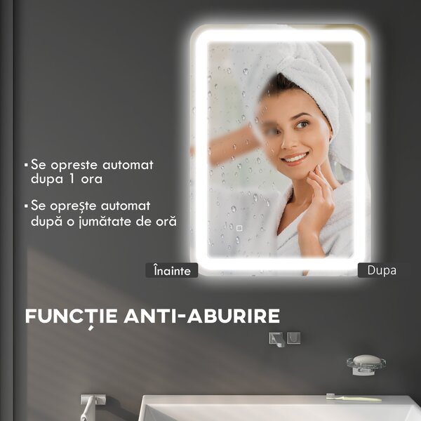 Kleankin Oglindă LED pentru Baie și Machiaj, Reglabilă cu 3 Temperaturi de Culoare, 70x50 cm, Design Modern, Argintiu | Aosom Romania
