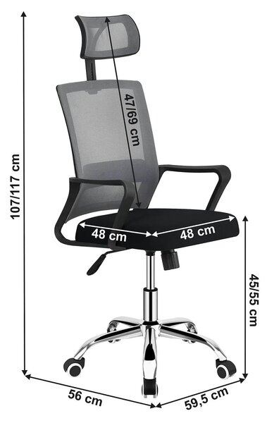 Scaun birou DIKAN, gri/negru, plasa/plastic/metal, 59.5x56x107/117 cm