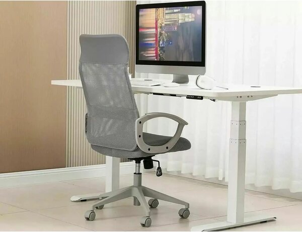 Scaun birou Q-026, gri, piele ecologica/plasa, 59x48x107/117 cm
