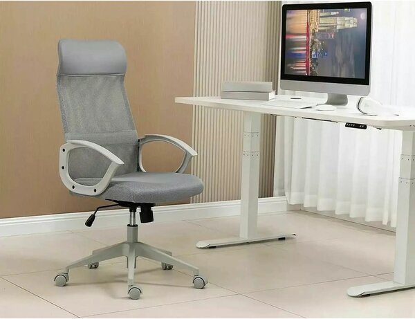 Scaun birou Q-026, gri, piele ecologica/plasa, 59x48x107/117 cm