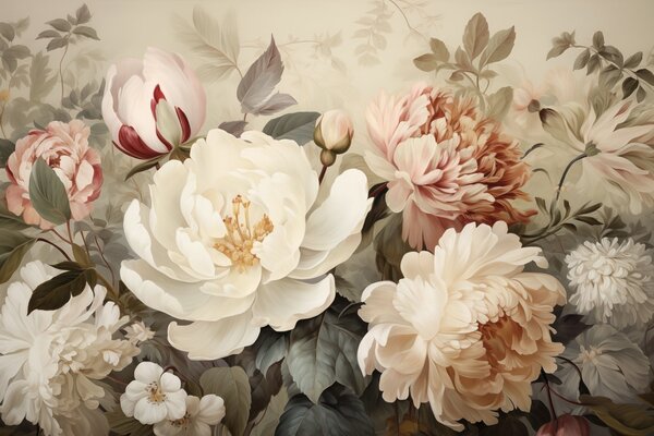 Tapet Bujori și crizanteme delicate în nuanțe pastelate, Fototapet Flori, w09350 : Uwalls.ro