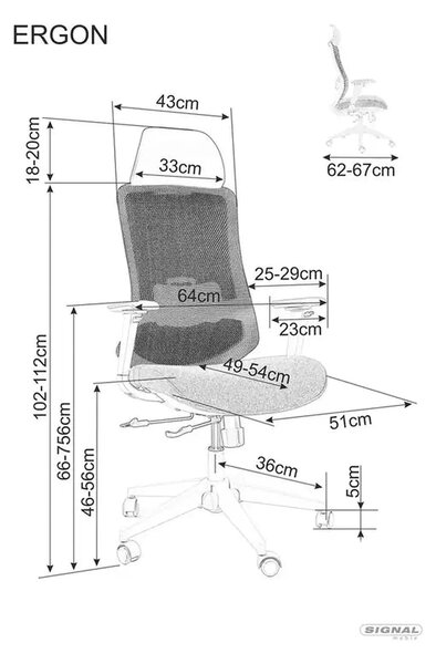 Scaun birou ERGON, gri, piele ecologica/plasa/stofa, 64x49x112/122 cm
