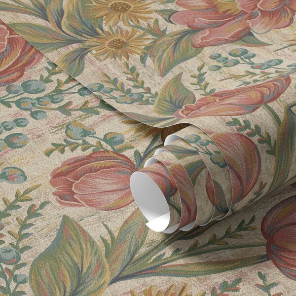 Tapet Lalele și asteri vintage, fond crem texturat, Tapet flori, a00773 : Uwalls.ro