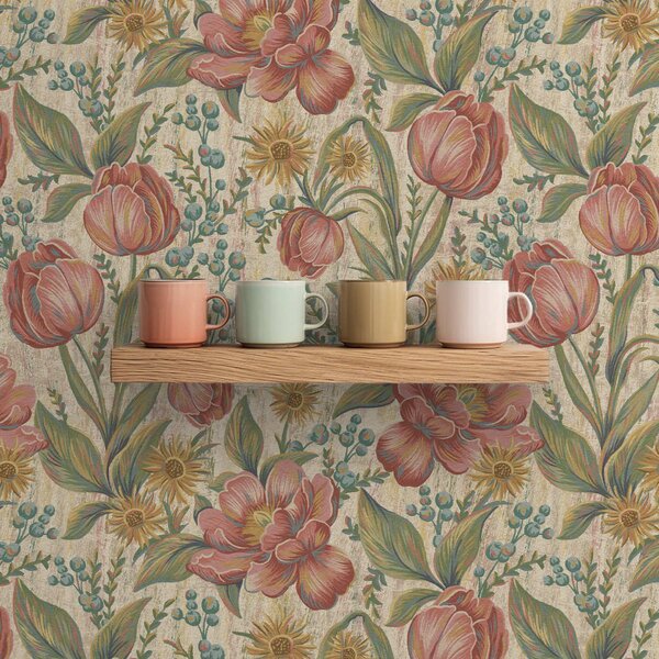 Tapet Lalele și asteri vintage, fond crem texturat, Tapet flori, a00773 : Uwalls.ro