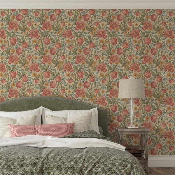 Tapet Lalele și asteri vintage, fond crem texturat, Tapet flori, a00773 : Uwalls.ro