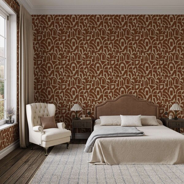 Tapet Forme geometrice din teracotă pe pânză de in, Tapet abstract, a00774 : Uwalls.ro