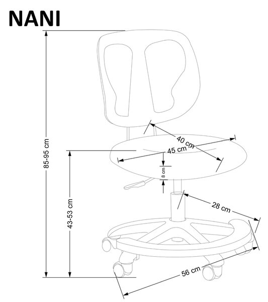 Scaun birou copii NANI, roz/negru, stofa/plasa, 52x56x85-95 cm