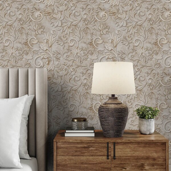 Tapet Relief din piatră cu volute florale, bej vintage, Tapet flori, a00784 : Uwalls.ro