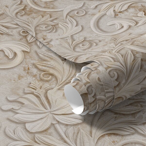 Tapet Relief din piatră cu volute florale, bej vintage, Tapet flori, a00784 : Uwalls.ro