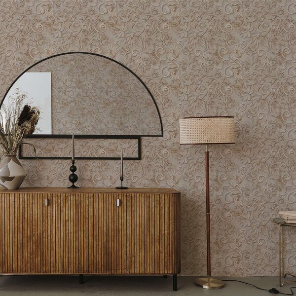 Tapet Relief din piatră cu volute florale, bej vintage, Tapet flori, a00784 : Uwalls.ro