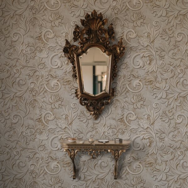 Tapet Relief din piatră cu volute florale, bej vintage, Tapet flori, a00784 : Uwalls.ro