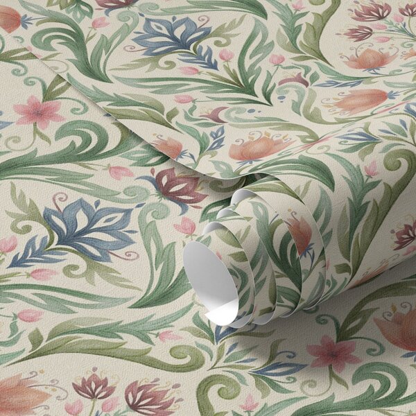 Tapet Ornament floral simetric, teracotă și verde, Tapet flori, a00827 : Uwalls.ro