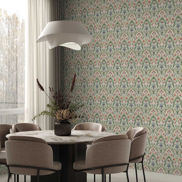 Tapet Ornament floral simetric, teracotă și verde, Tapet flori, a00827 : Uwalls.ro
