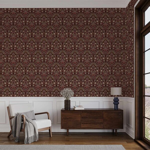 Tapet Ornament cu lalele, fundal bogat în nuanțe de burgund, Tapet flori, a00827v2 : Uwalls.ro