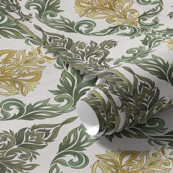 Tapet Damasc cu volute verzi pe fond deschis, Tapet stil oriental, a00828v1 : Uwalls.ro