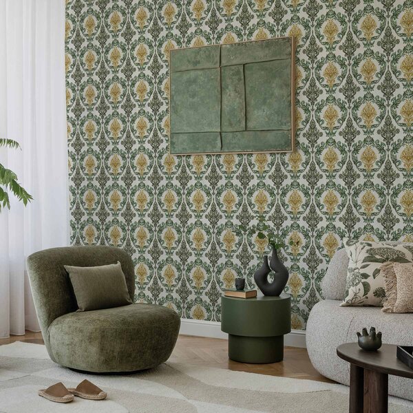 Tapet Damasc cu volute verzi pe fond deschis, Tapet stil oriental, a00828v1 : Uwalls.ro