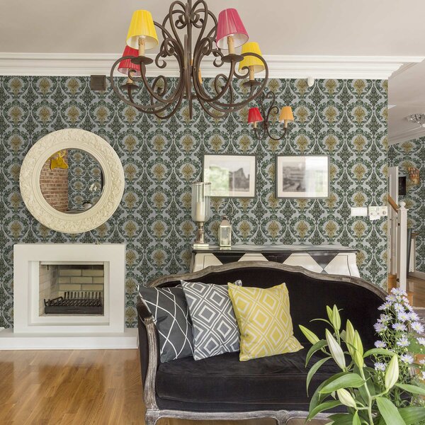 Tapet Damasc cu volute verzi pe fond deschis, Tapet stil oriental, a00828v1 : Uwalls.ro