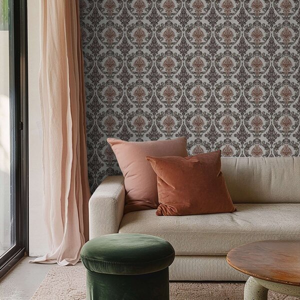 Tapet Damasc cu accente maro-cupru pe fond deschis, Tapet stil oriental, a00828v4 : Uwalls.ro
