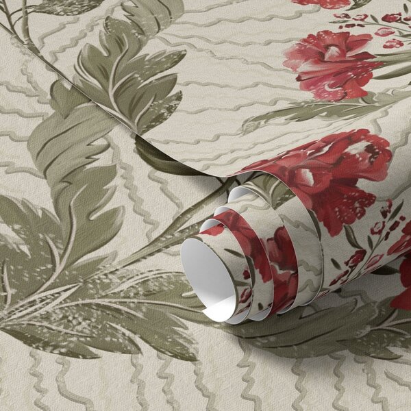 Tapet Bujori mari roșii pe fundal grafic, pe fond crem, Tapet flori, a00857 : Uwalls.ro