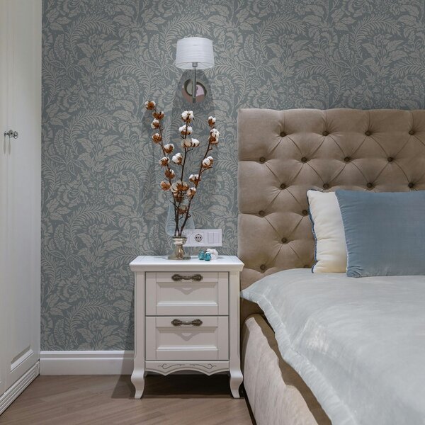 Tapet Model floral monocromatic pe fundal gri-albastru, Tapet flori, a00859 : Uwalls.ro