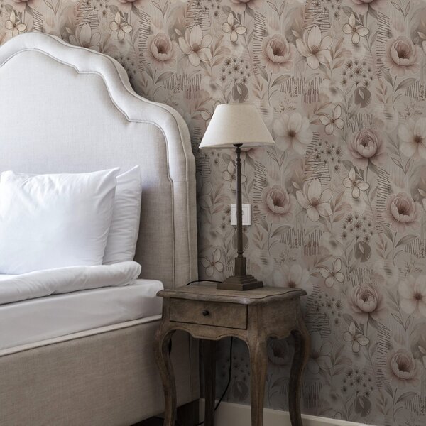 Tapet Florale bej sepia cu accente de fluturi și linii, Tapet flori, a00870 : Uwalls.ro