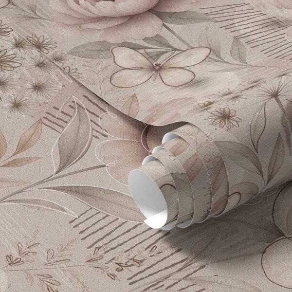Tapet Florale bej sepia cu accente de fluturi și linii, Tapet flori, a00870 : Uwalls.ro