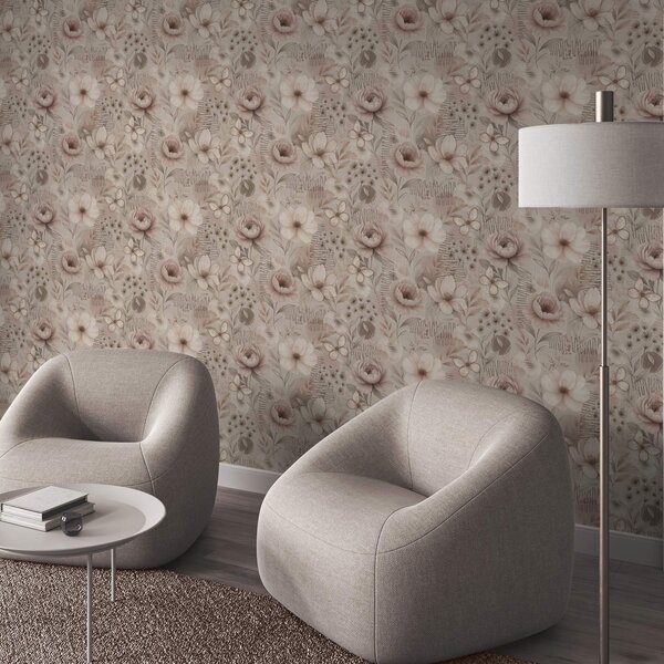 Tapet Florale bej sepia cu accente de fluturi și linii, Tapet flori, a00870 : Uwalls.ro