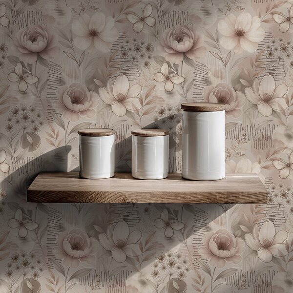 Tapet Florale bej sepia cu accente de fluturi și linii, Tapet flori, a00870 : Uwalls.ro