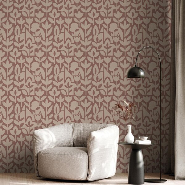 Tapet Siluete florale geometrice în teracotă și crem, Tapet flori, a00875v2 : Uwalls.ro