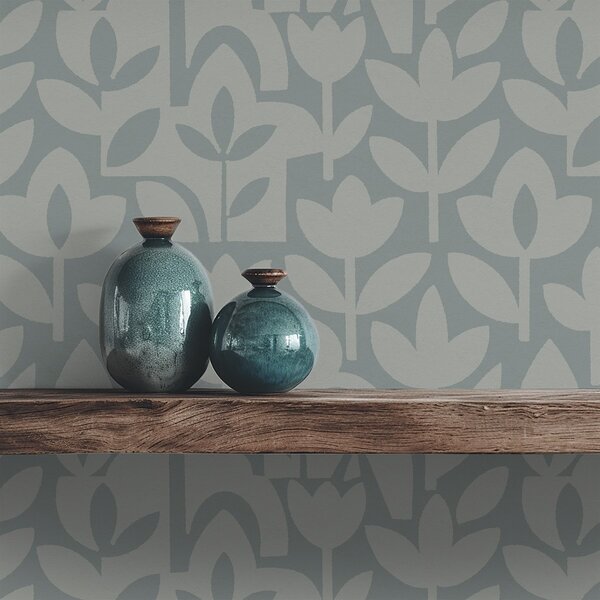 Tapet Siluete florale geometrice în albastru ardezie, Tapet flori, a00875 : Uwalls.ro