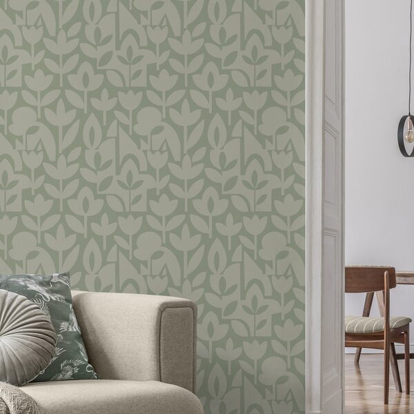 Tapet Siluete florale geometrice în nuanțe delicate de salvie, Tapet flori, a00875v1 : Uwalls.ro