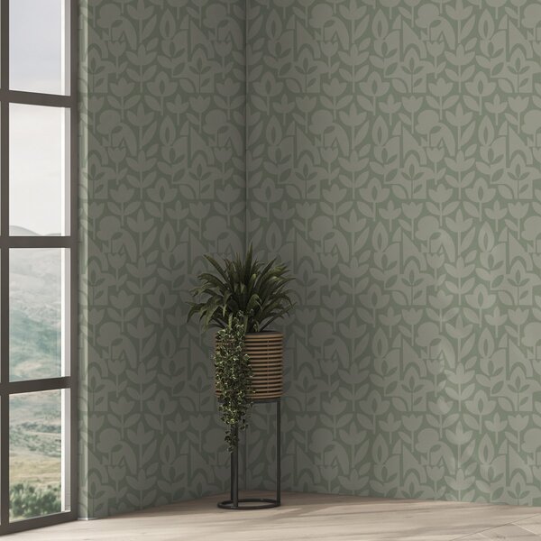 Tapet Siluete florale geometrice în nuanțe delicate de salvie, Tapet flori, a00875v1 : Uwalls.ro