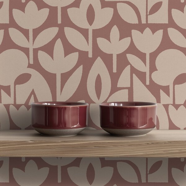 Tapet Siluete florale geometrice în teracotă și crem, Tapet flori, a00875v2 : Uwalls.ro