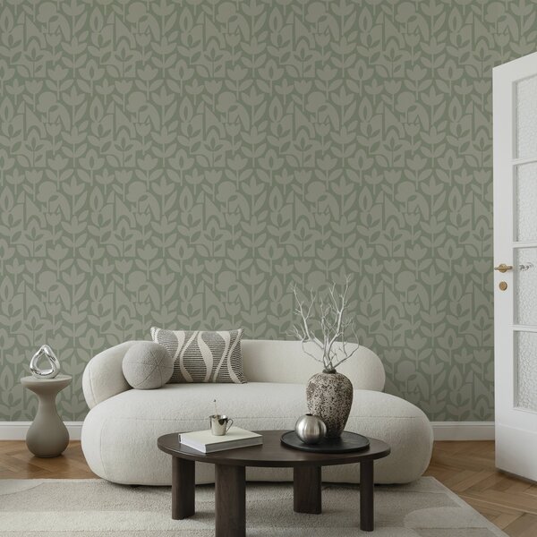 Tapet Siluete florale geometrice în nuanțe delicate de salvie, Tapet flori, a00875v1 : Uwalls.ro