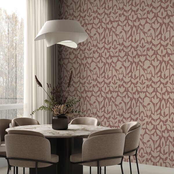 Tapet Siluete florale geometrice în teracotă și crem, Tapet flori, a00875v2 : Uwalls.ro